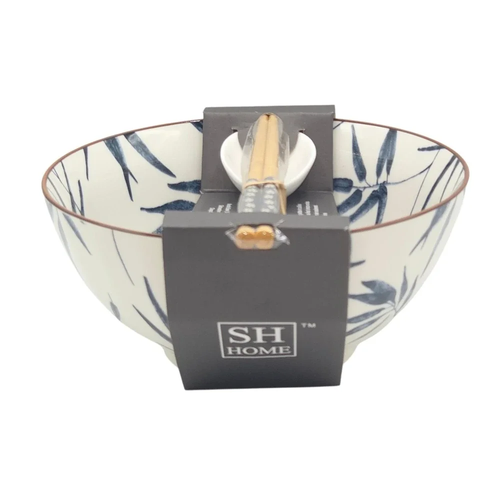 SH Home Blue Bamboo Ceramic Ramen Noodle Bowl 54oz With Chopsticks And Spoon 4pc